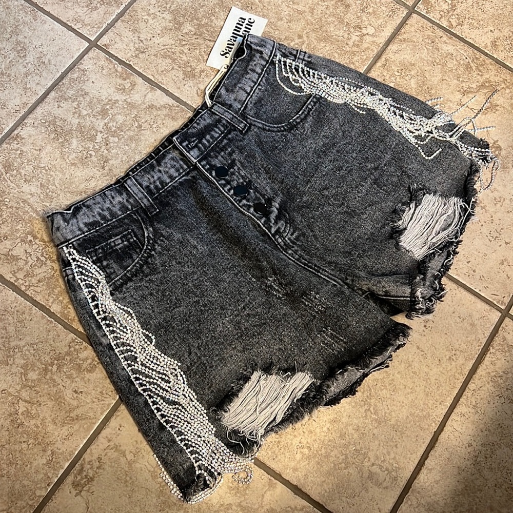 Black Rhinestone Denim Shorts